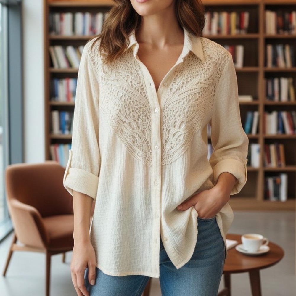 Stella + Ginger Cream Crochet Lace Bib Button Down Crinkle Blouse Plus 2X NWT